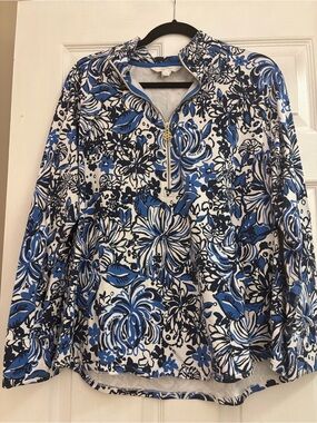 Lilly Pulitzer Avida Zip-Up Terry Hoodie Floral Blue & White XL